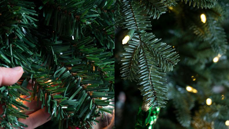 Artificial Christmas tree needles are usually made from either PVC (at left) or PE (at right). PVC needles are made using cut-out PVC material, while PE needles are injection-molded and completely three-dimensional, offering a more realistic look and feel.
