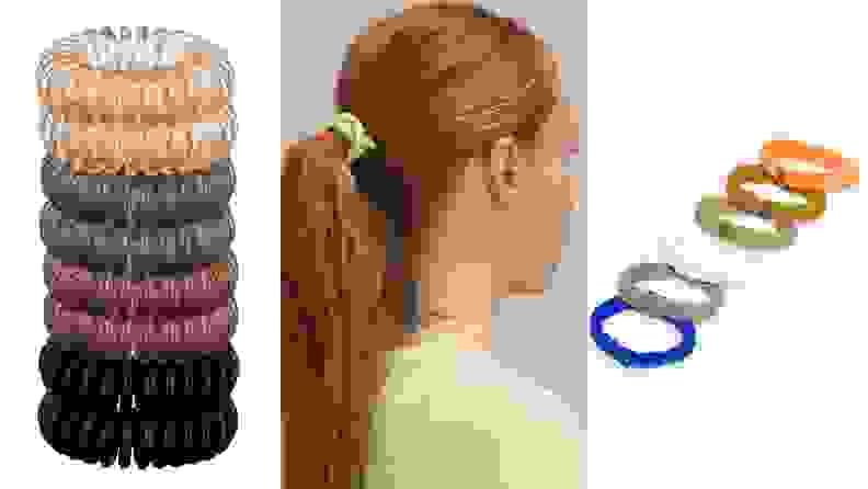 A stack of coiled hairties, a woman wearing her hair in a scrunchie, and a row of scrunchies
