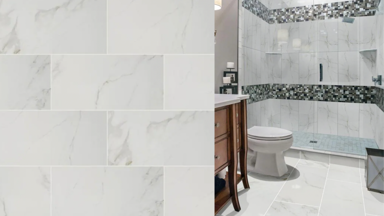 White tile with gray detailing shown on the left. On the right that same tile is installed on bathroom floors.