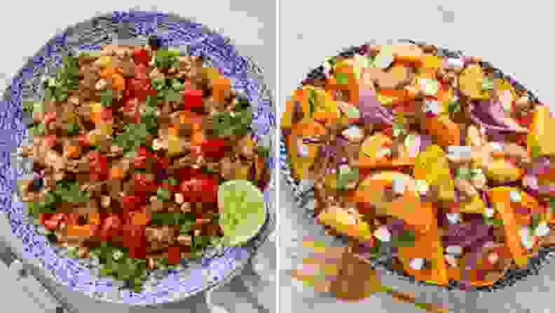 On left, photo of Blue Apron meal with shrimp, veggies, and lime shot from above. On right, a photo of a Blue Apron recipe with sweet potatoes and other veggies shot from above.