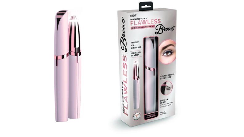 An image of a pink hair removal wand next to an image of the same product in its pacakaging.