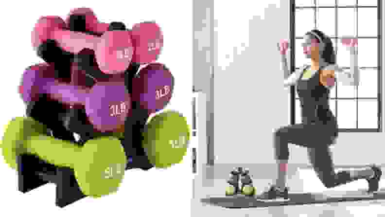Left: Three sets of dumbbells, weighing two pounds, three pounds, and five pounds, respectively. Right: A woman in workout clothes on a yoga mat lifting the two-pound dumbbells.