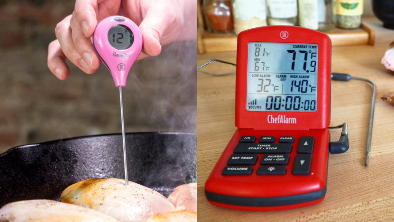 On left, ThermoPop thermometer checking the temp of chicken. On right, ThermoWorks meat thermometer screen on a wooden surface.