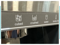 Ice maker display on refrigerator that features cubed ice, crushed ice, water and bottle fill functions.