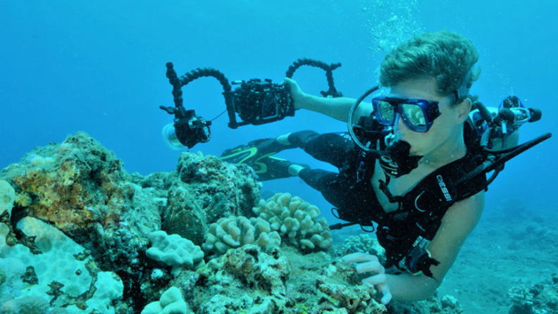 A scuba diver photographs undersea creatures.