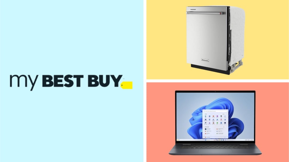 The My Best Buy logo next to two items in front of colored backgrounds.