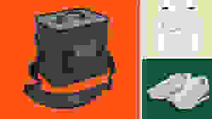 Cooler, AirPods and sneakers on orange and green background