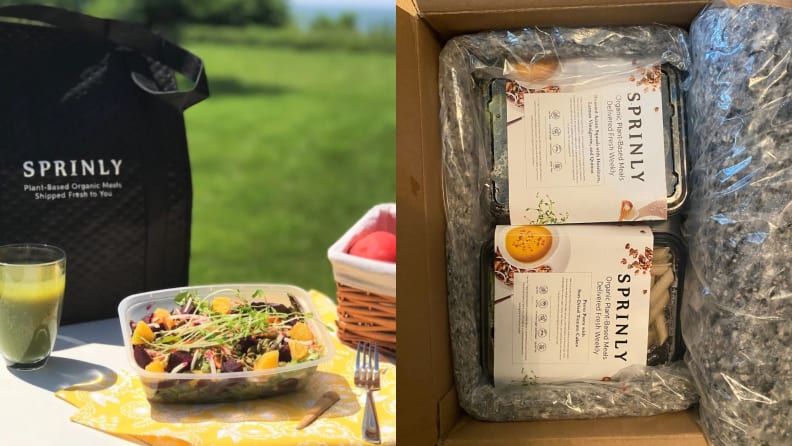 On the left, Sprinly meal on table outside.  On the right, an open Sprinly box revealing a compostable liner and two packaged meals