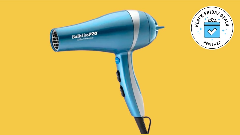 A Babyliss Hair dryer with on a yellow background featuring a shopping bag black friday icon.
