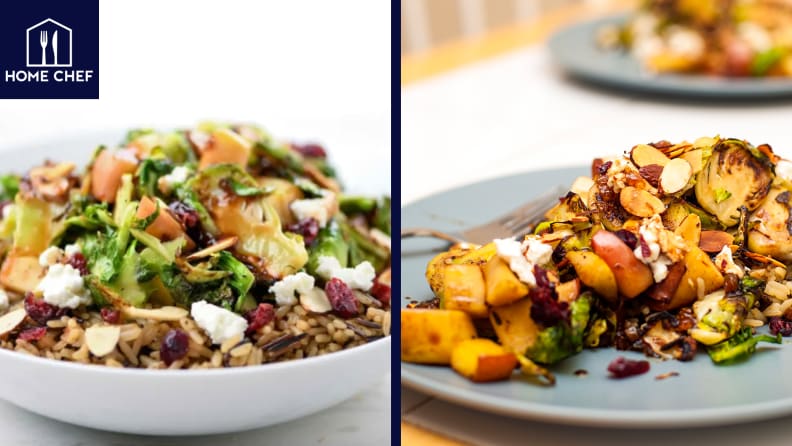 Left: A shallow white bowl filled with grains and vegetables. Right: A light grey plate filled with grains, vegetables, and a sprinkling of goat cheese.