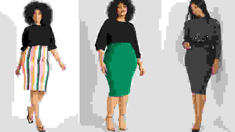 Model wearing different pattern pencil skirts