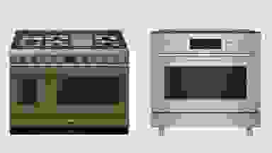 On left, Smeg green range on gray background. On right, Bosch induction range on tan background.