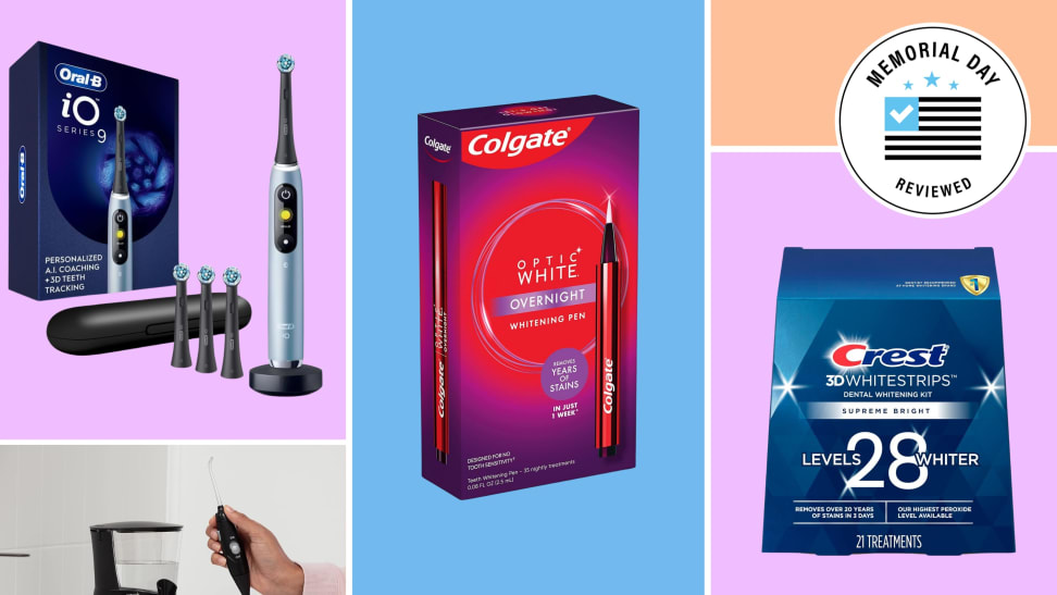 Various teeth cleaning tools with the Memorial Day Reviewed badge in front of different backgrounds.