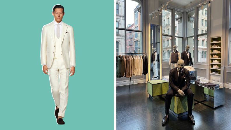A model wearing an off-white three-piece suit and a shot of the interior of a Suitsupply store.