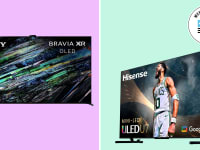 A colorful collage with two plasma TVs next to a Memorial Day badge.