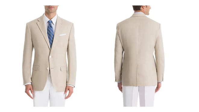 tan linen suit