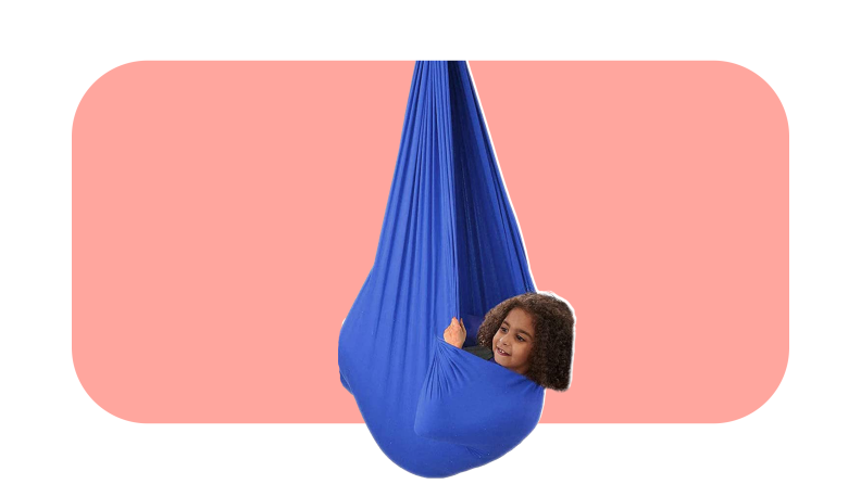 An Aokitec sensory swing on a colorful background