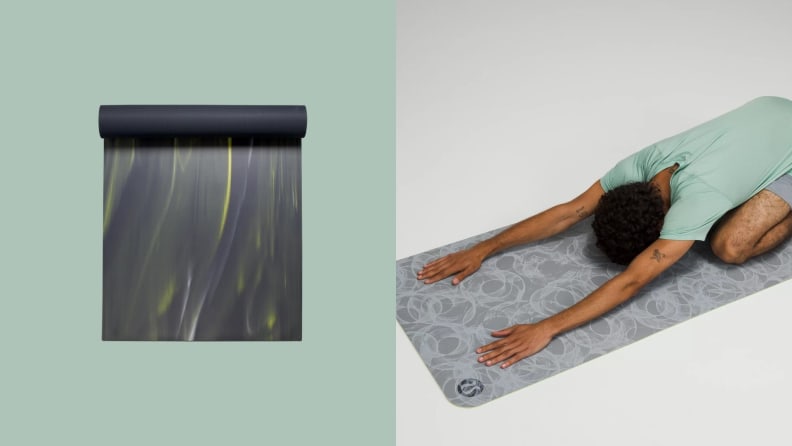 Left: Partially unrolled lululemon yoga mat; Right: Person in child's pose on a yoga mat