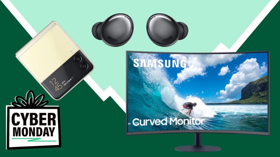 A collage of Samsung products including tablets, TVs, and headphones