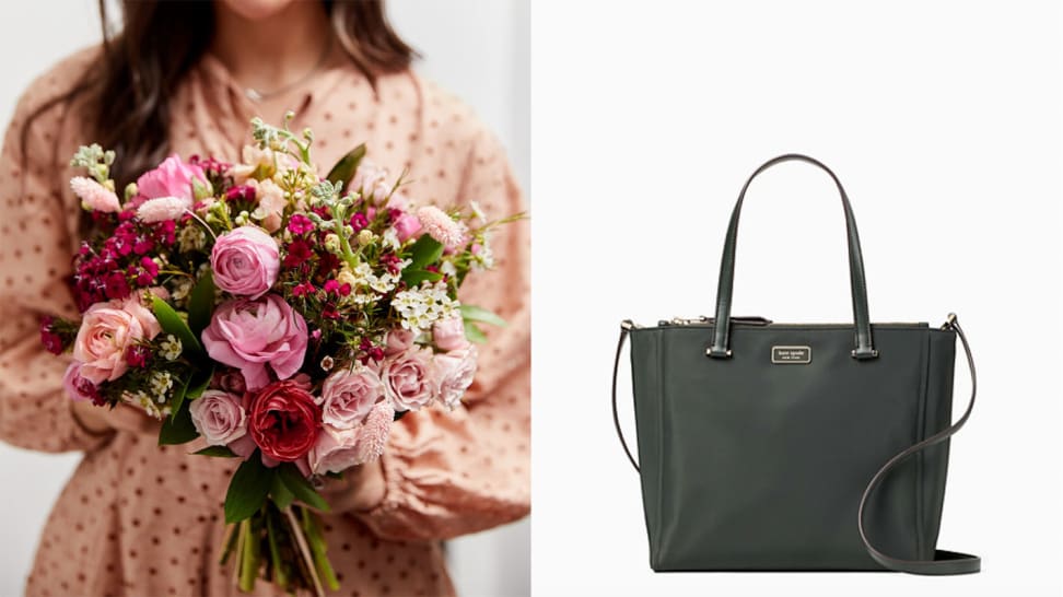 A woman holding a bouquet of flowers from Bouqs and a Kate Spade Dawn medium tote bag against a white backdrop, among the best gifts for stepmoms.