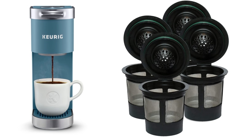 On left, product shot of blue Keurig coffee machine pouring coffee into white mug. On right, empty mesh black and gray refillable k-cups.