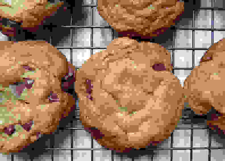 chocolate chip cookies on cooling rack