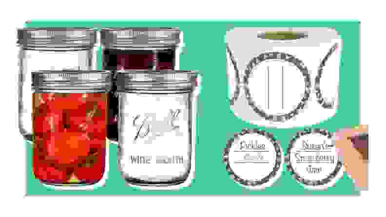 Mason jars and jar labels on a green background