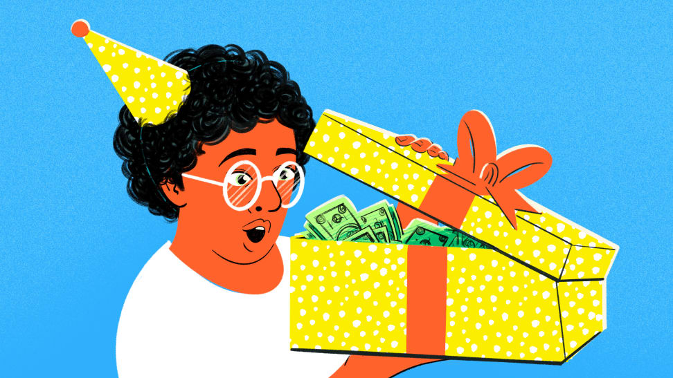 An illustration of a person wearing a party hat opening a box full of money