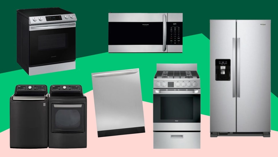 An assortment of home appliances against a green background.