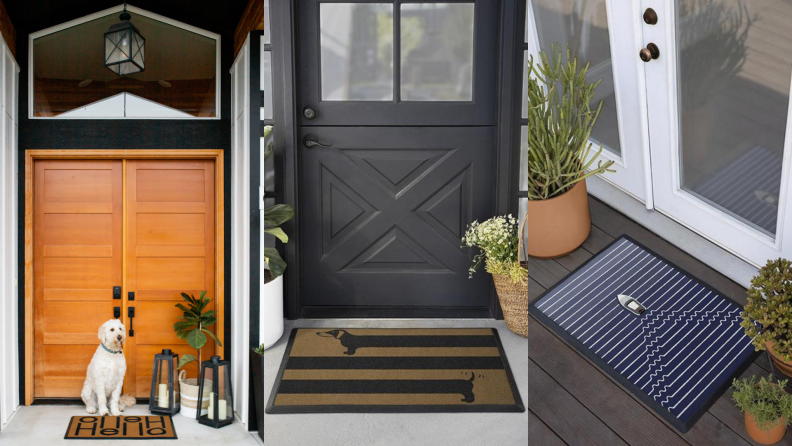 Three separate home entryways with three Ruggable welcome mats.
