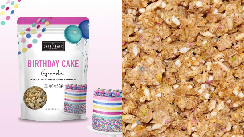 Left: A bag of Birthday Cake Granola against a white background accompanied by sprinkles. Right: Close-up photo of granola.