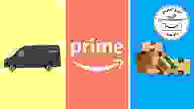 A collage of Amazon Prime-related graphics with the Prime Day Reviewed badge in front of different backgrounds.