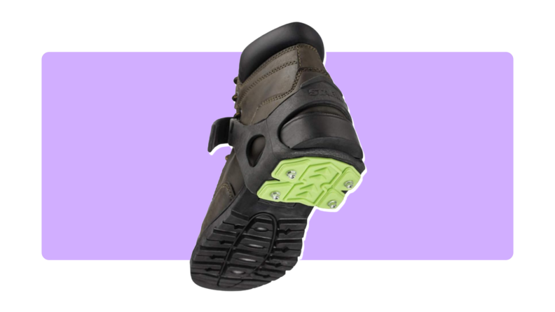 The Stabilicers Heel Traction Cleats on a boot with a purple background.