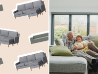 Side-by-side shots of a sofa collage and an older couple sitting in a sofa in their living room.
