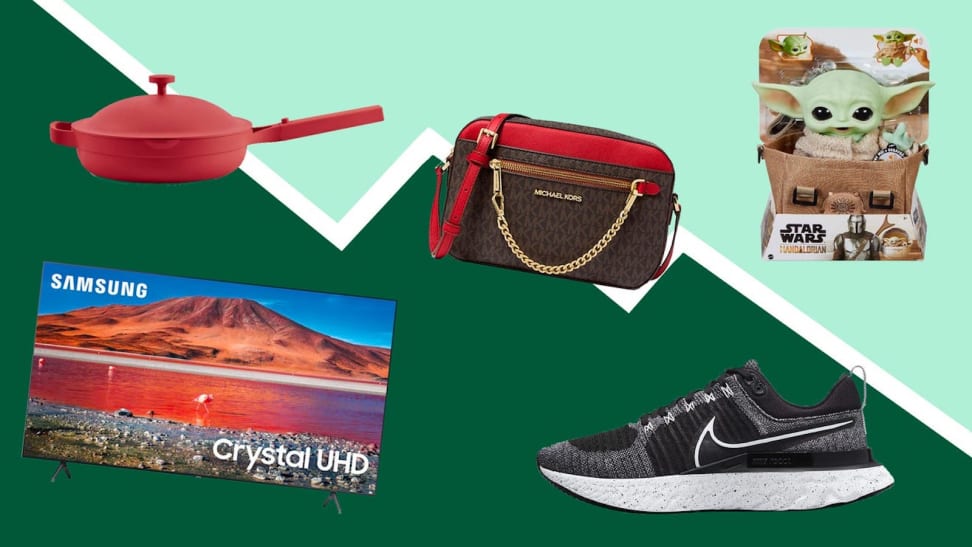 Collage of on-sale products like TVs, Nike shoes, purses, toys, and cooking pans