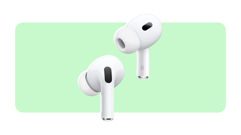 A pair of white Apple Air Pods on a green and white background.