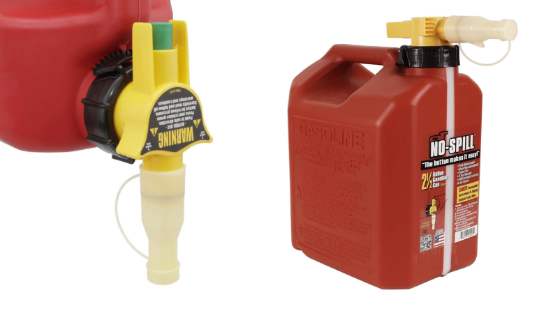 Left: close-up of gas can nozzle on white backdrop, Right: full-scale image of gas can on white backdrop