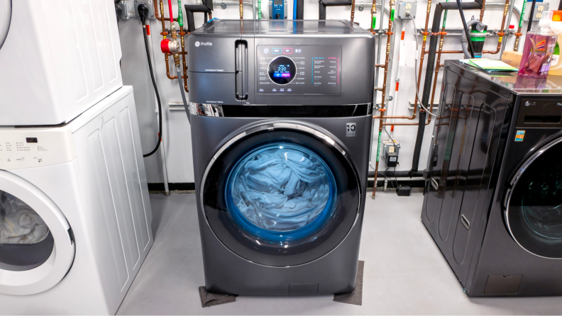The GE PFQ97HSPVDS washer/dryer combo unit set up in our laundry testing lab.