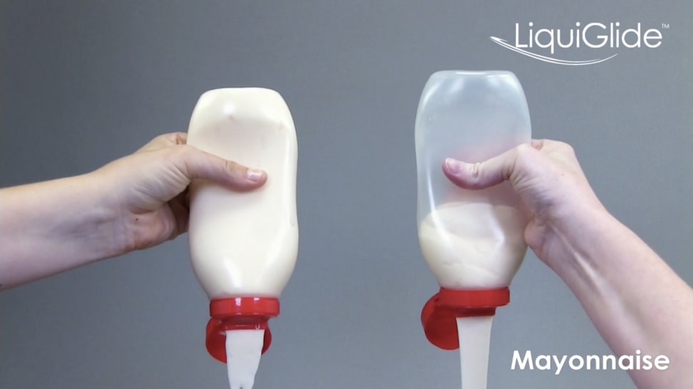 LiquiGlide mayonnaise bottle versus a regular mayonnaise bottle