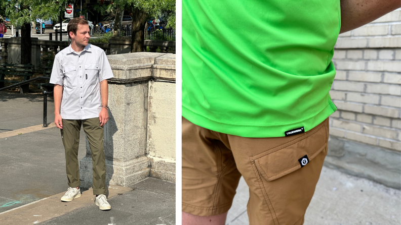 The author is seen in olive pants and a gray button-up shirt, there is also a detail shot of the khaki cargo shorts and neon green T-shirt where the Truewerk logo and label are visible.