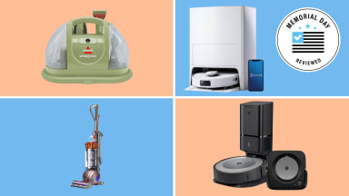 A collection of different vacuums with the Memorial Day Reviewed badge in front of colored backgrounds.
