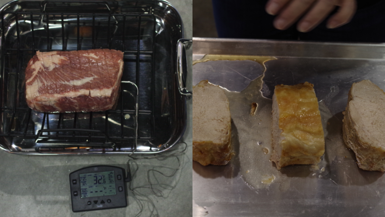 Left: Pork in a roasting pan with a probe thermometer inserted in the meat. Right: A slice of cooked pork on a baking sheet.