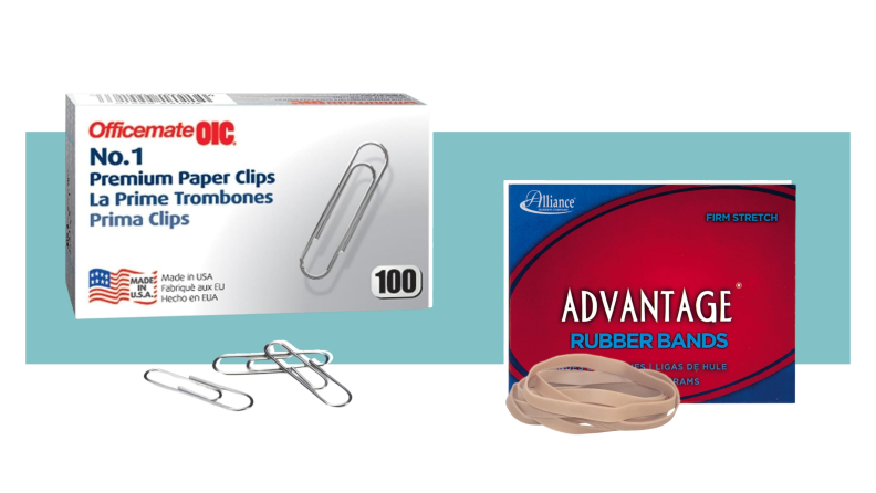A package of Officemate paper clips and Alliance-brand rubber bands on a colorful background