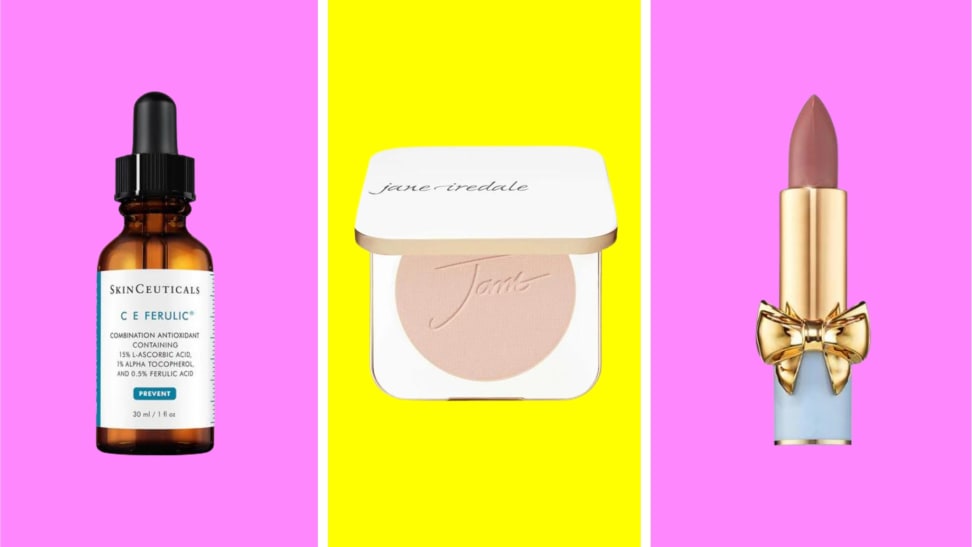 A trio of beauty products in front of colored backgrounds.