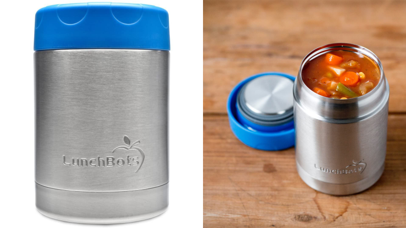 An insulated thermos full of soup