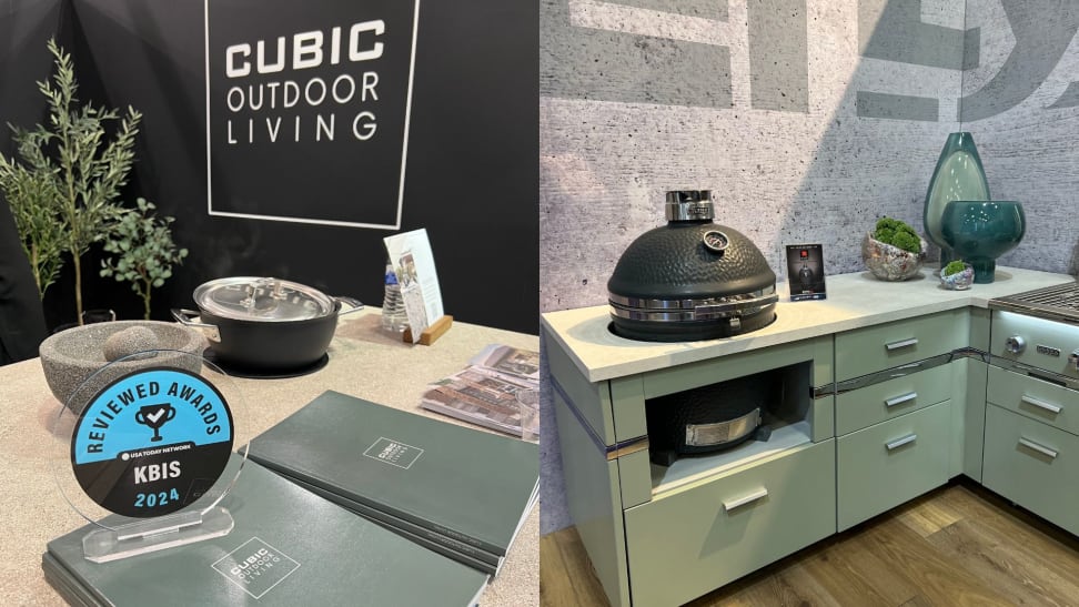 Left: Reviewed award sitting on a Cubic Outdoor Living KBIS station. Right: Retro green outdoor cabinet with grill built in