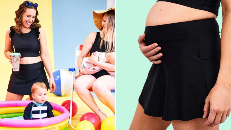 On left, two people smiling while small child plays in inflatable pool. On right, pregnant person modeling black swim skirt.