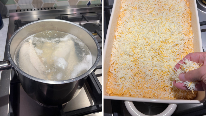 Left: chicken cooks in a pot of water on the stove. Right: cheese being sprinkled on casserole.