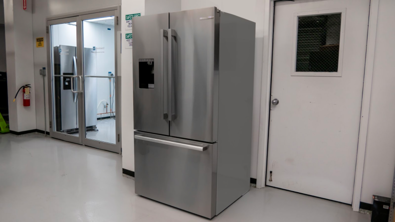 The Bosch B36FD50SNS 500 Series French-door refrigerator set up outside of our fridge testing labs.