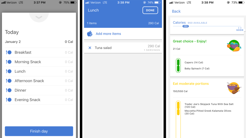 Three screenshots from the Noom app showing the daily food logging process.